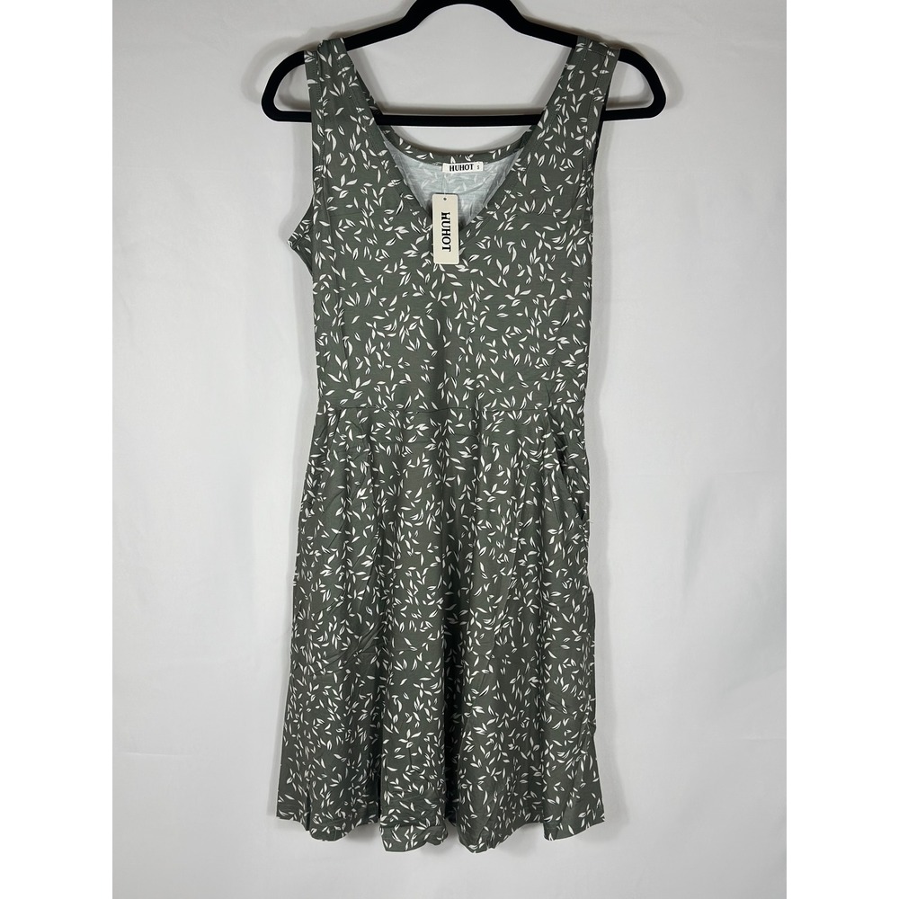 HUHOT‎ Olive Green Leaf Print Sleeveless Midi Dress Pockets Women's Size Medium